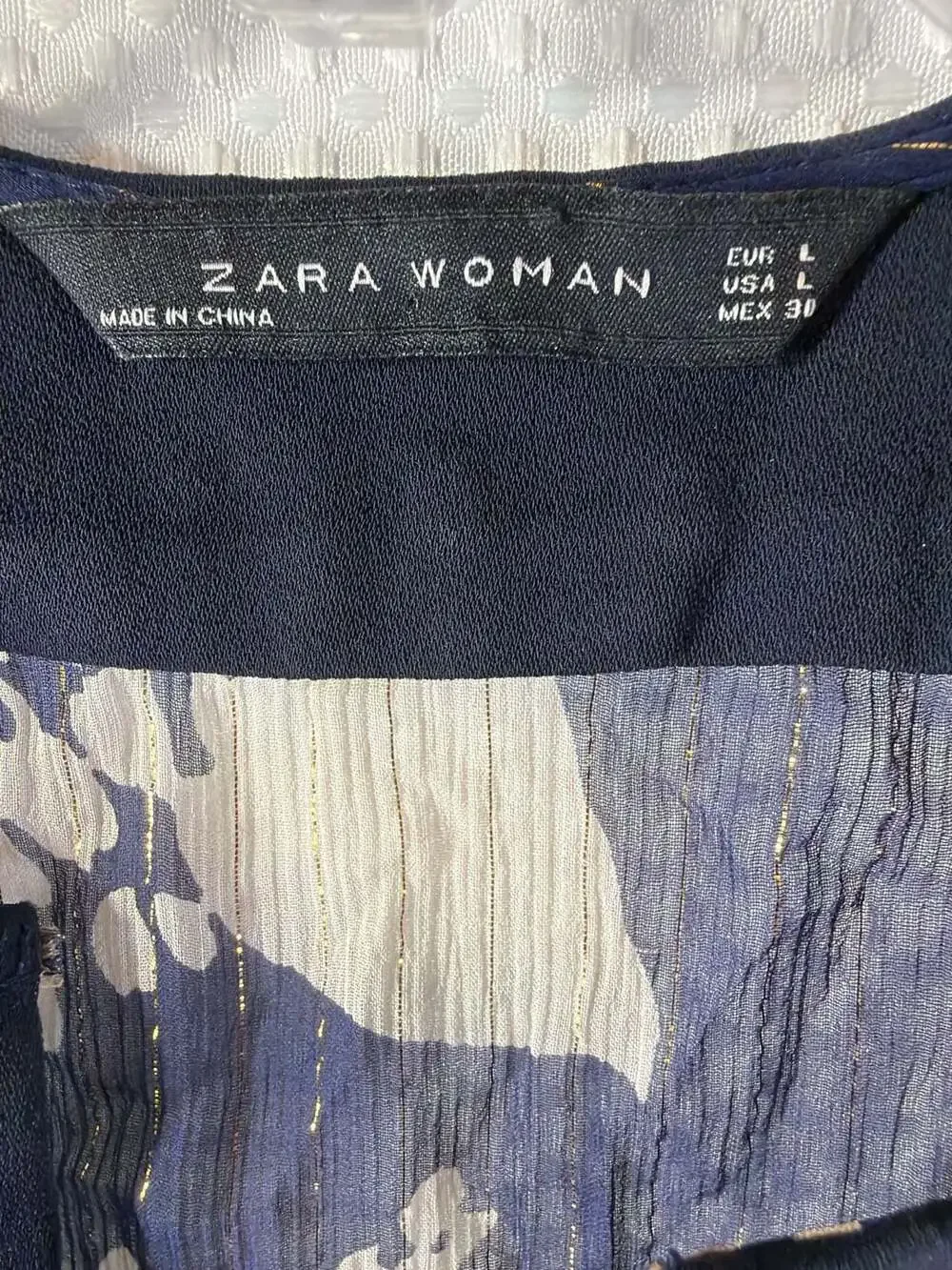 Zara Woman Navy and White Floral Print Sheer Blouse with Gold Stud Detail